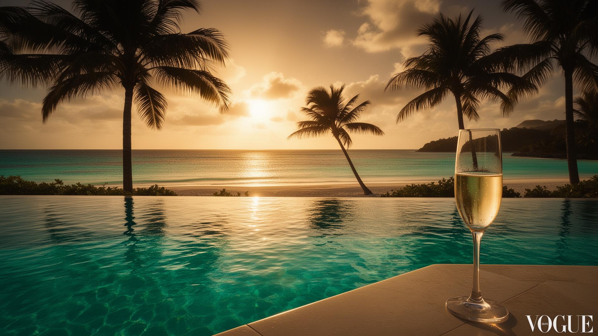 Champagne glass beside a Caribbean infinity pool at sunset